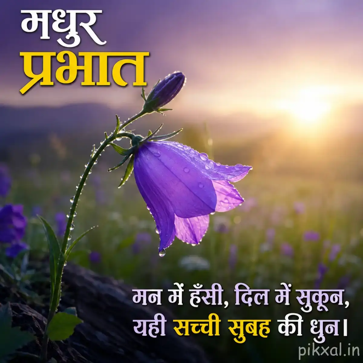 Single purple hanging flower on a curved stem against misty mountains and sunrise