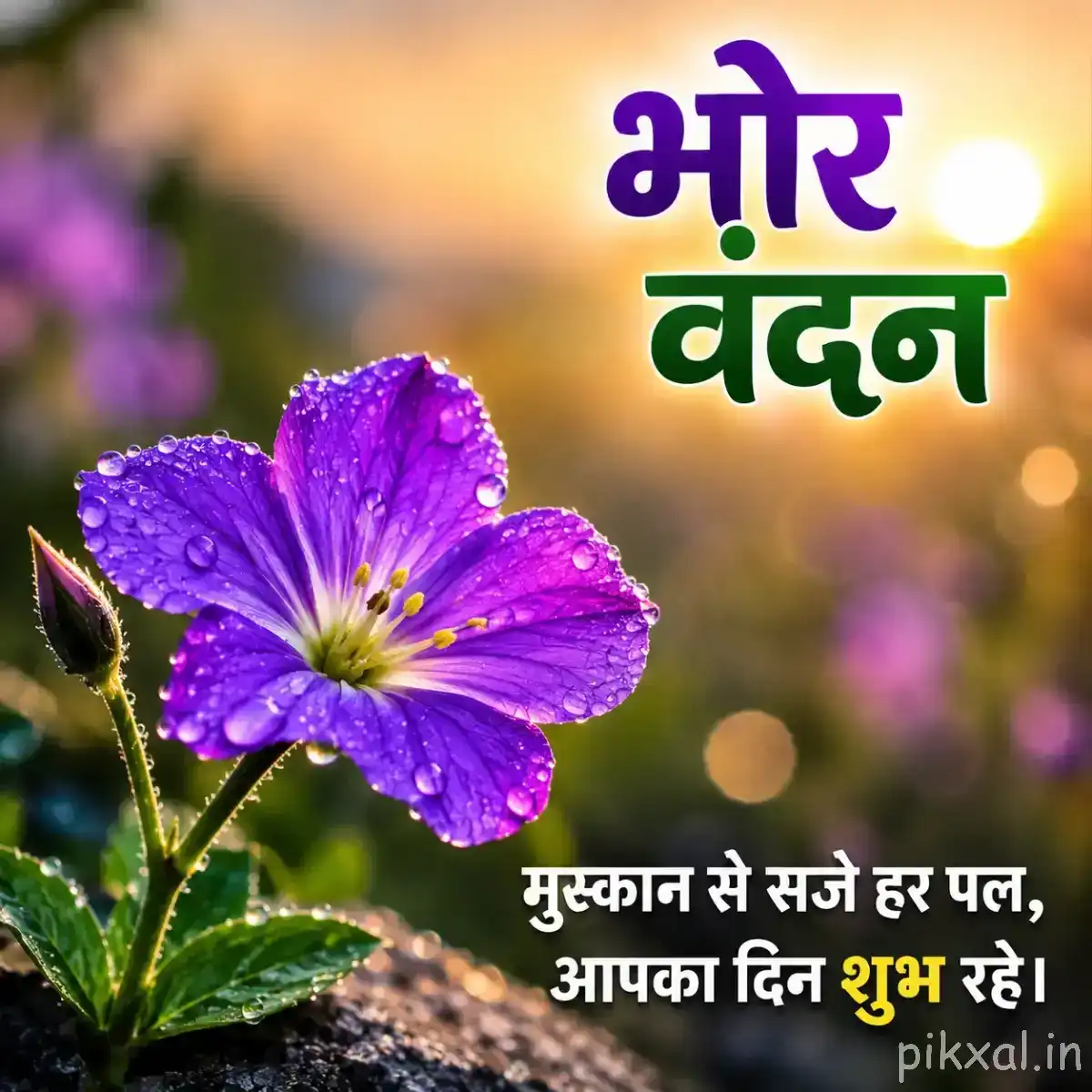 Single purple flower with broad ruffled petals and a yellow center against blurred greenery