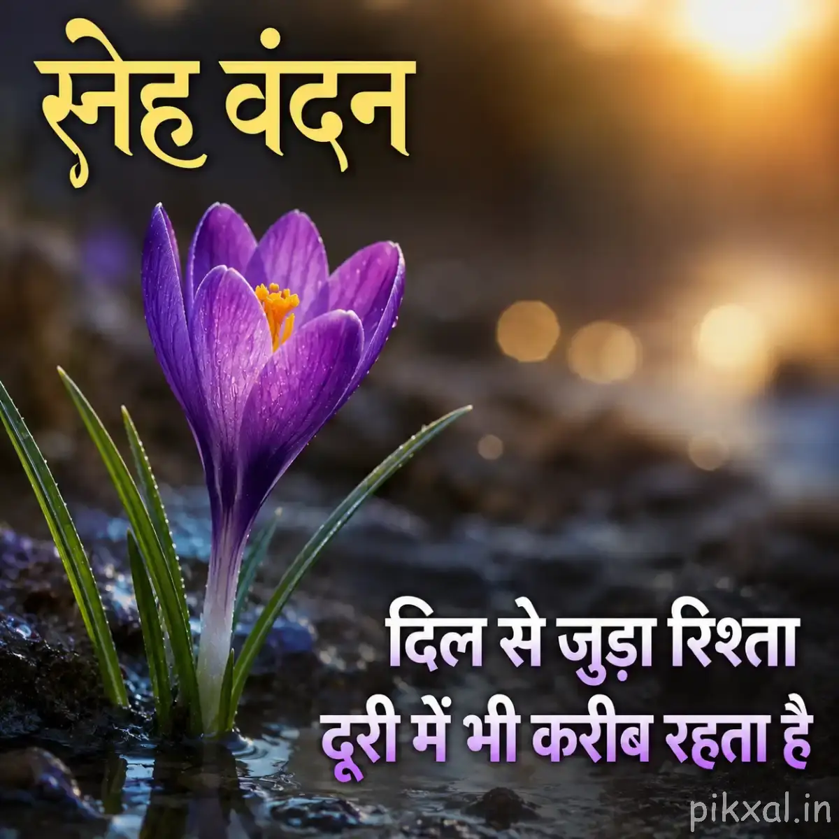 Single upright purple flower with narrow curved petals and green leaves beside a rocky surface