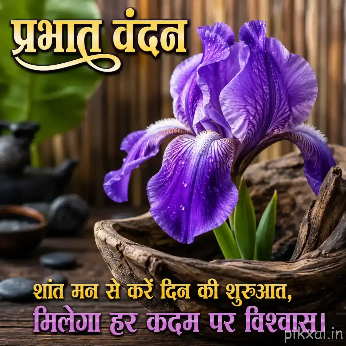 Large ruffled purple flower with layered petals growing from a small pot with green leaves