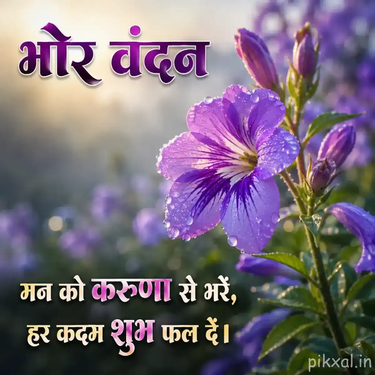 Several purple flowers and buds on leafy stems beside a softly blurred garden background