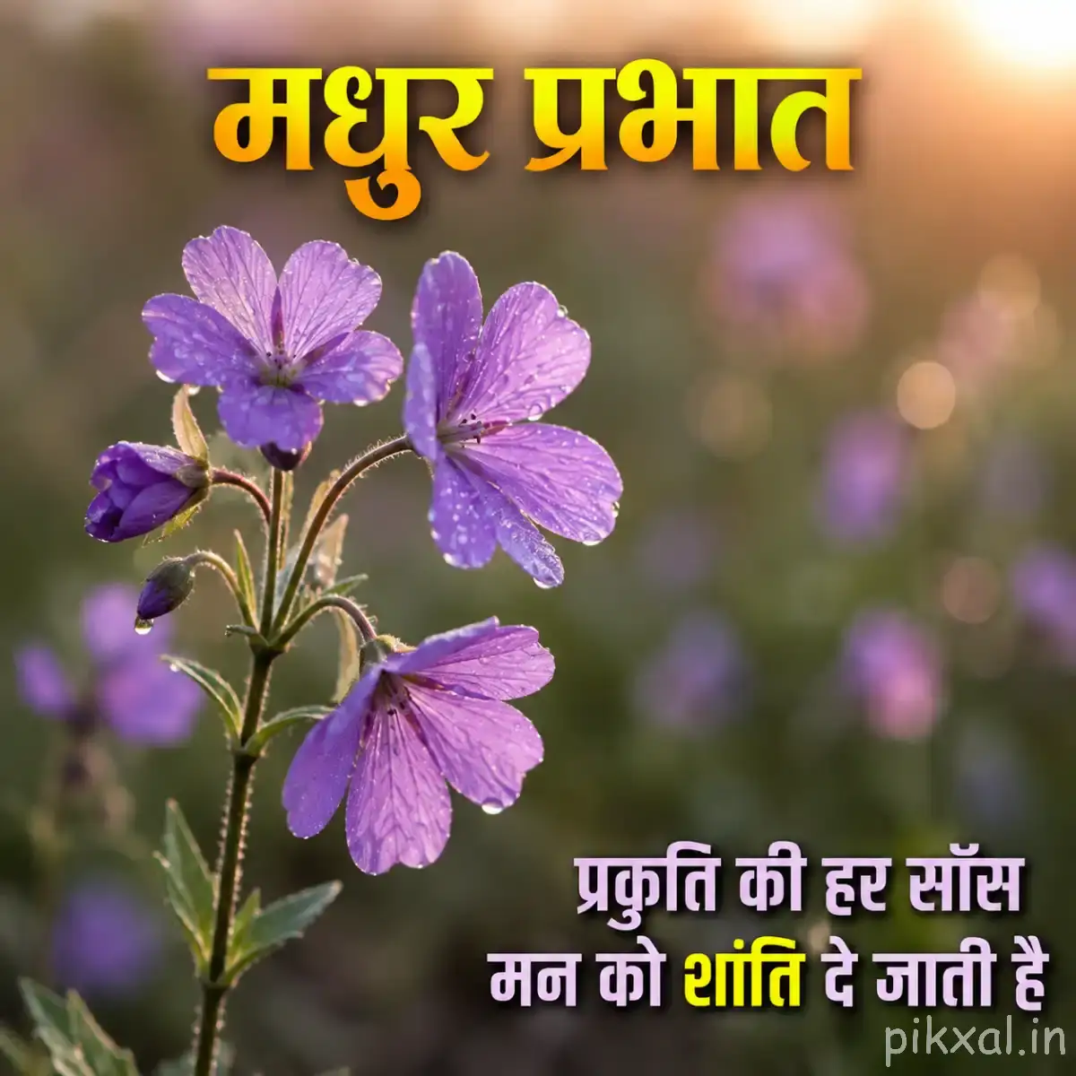 Several purple flowers at different heights on thin leafy stems against blurred greenery