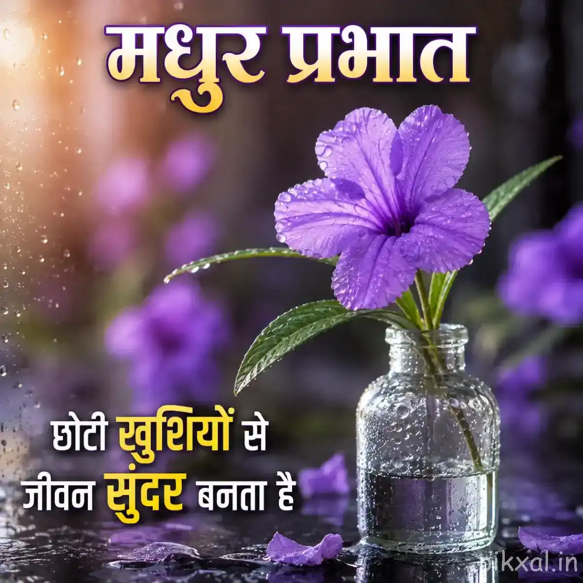 Single purple flower with open layered petals displayed in a clear glass bottle
