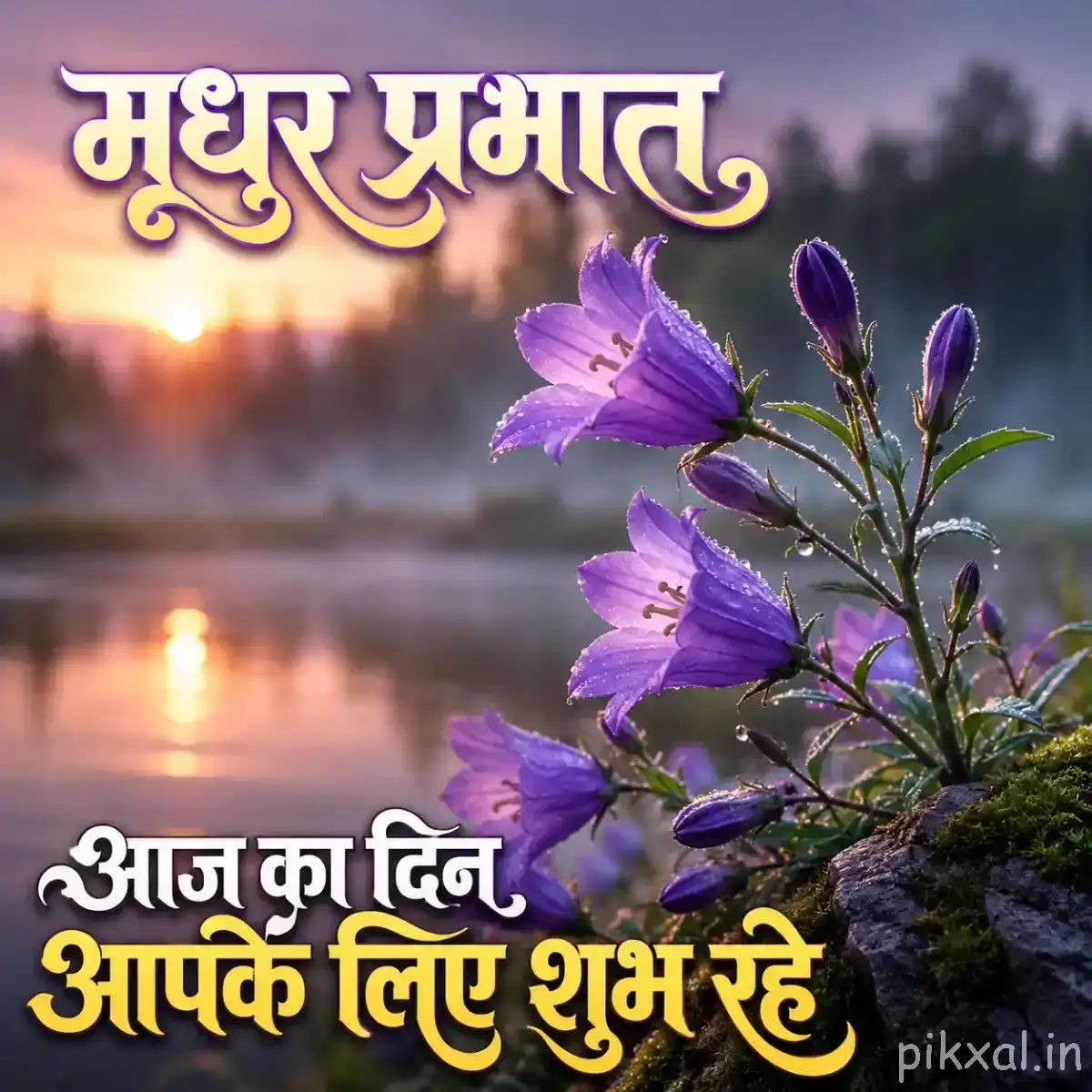 Purple flowers with several unopened buds on slender stems beside a calm lake at sunrise