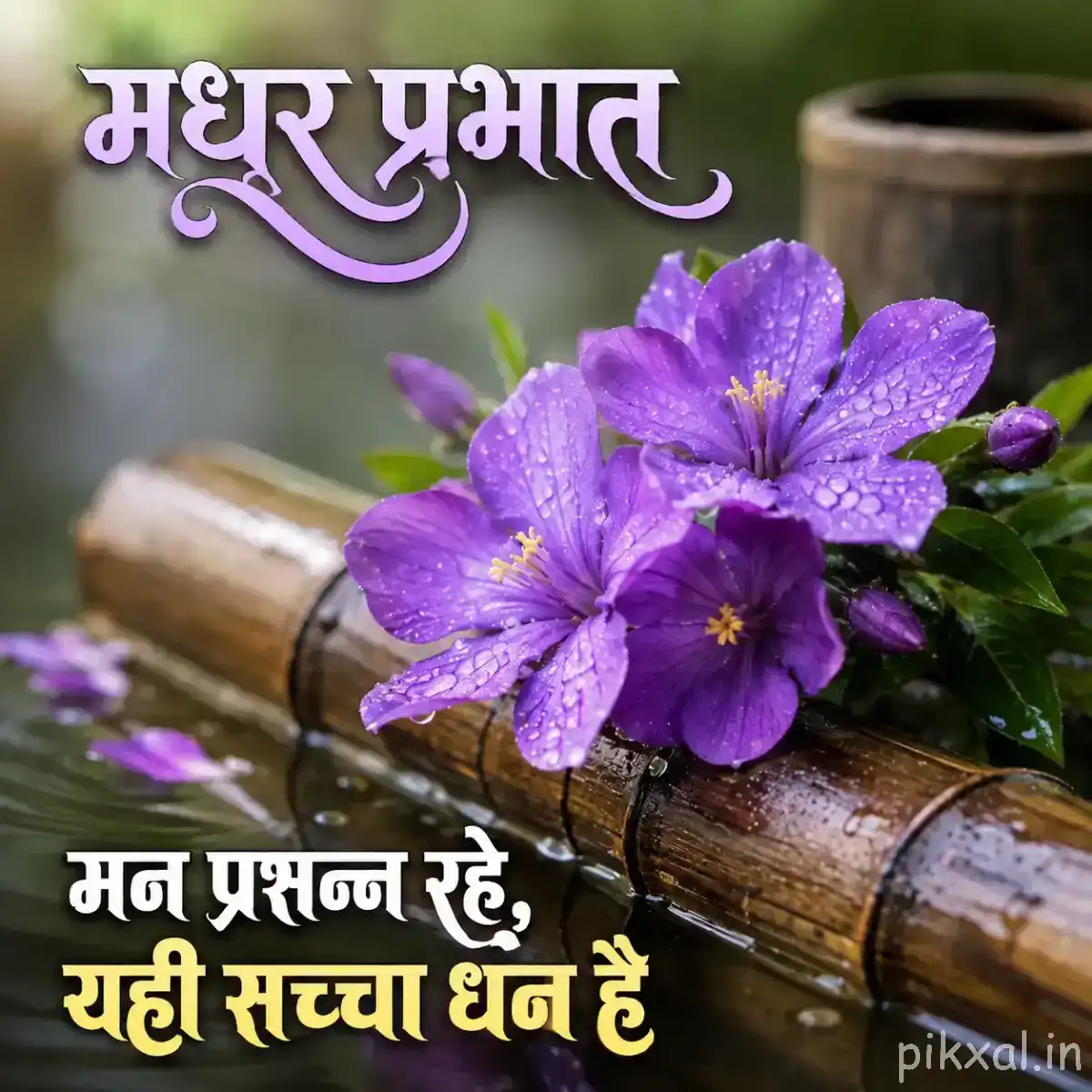 Cluster of purple flowers resting on a wooden surface with blurred greenery and warm morning light