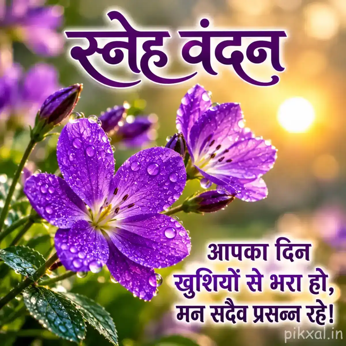 Cluster of purple flowers with open petals and yellow centers in bright morning sunlight