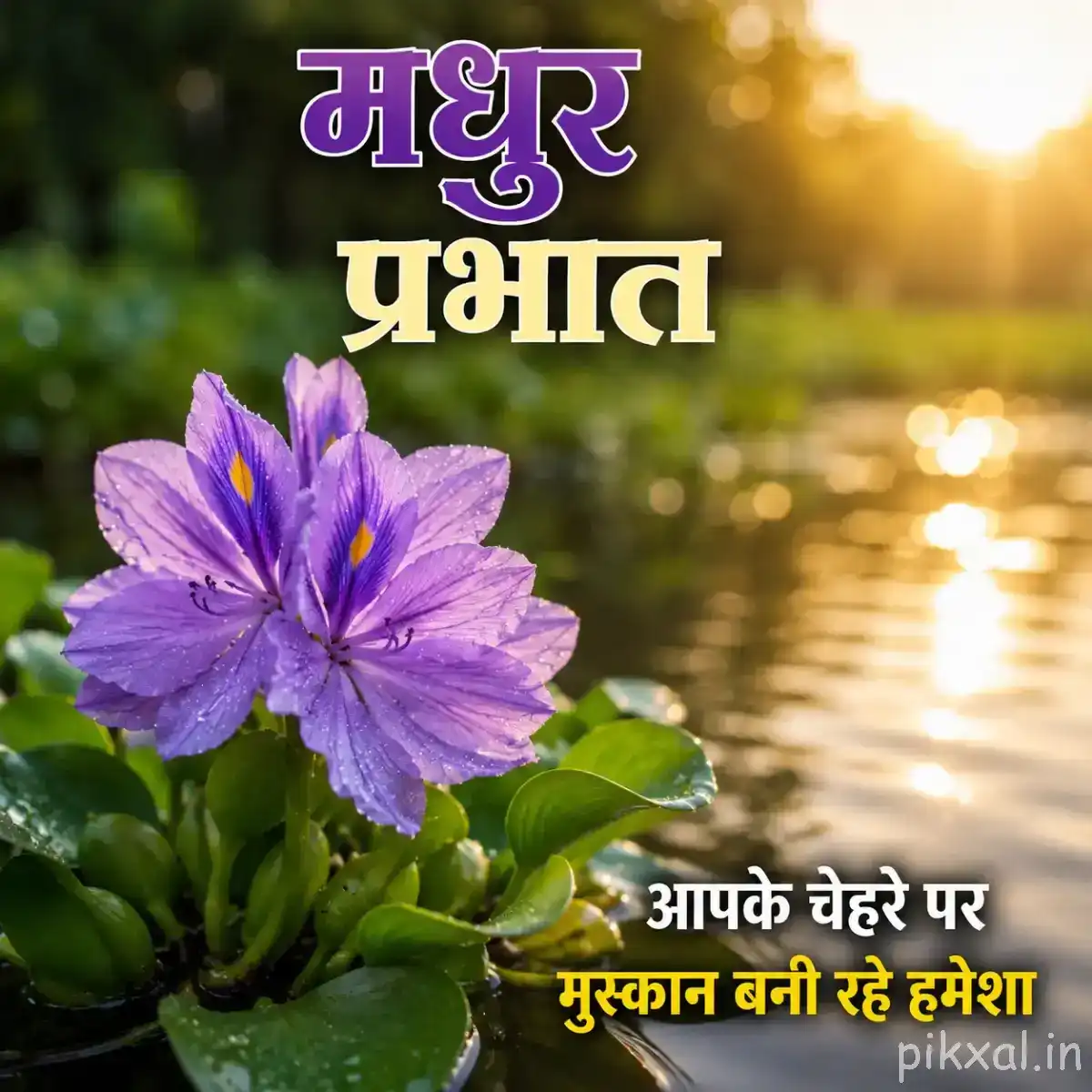 Single purple flower with broad petals beside reflective water and warm sunlight