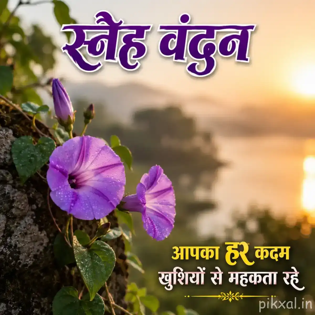 Two purple flower with broad petals beside reflective water and warm sunlight