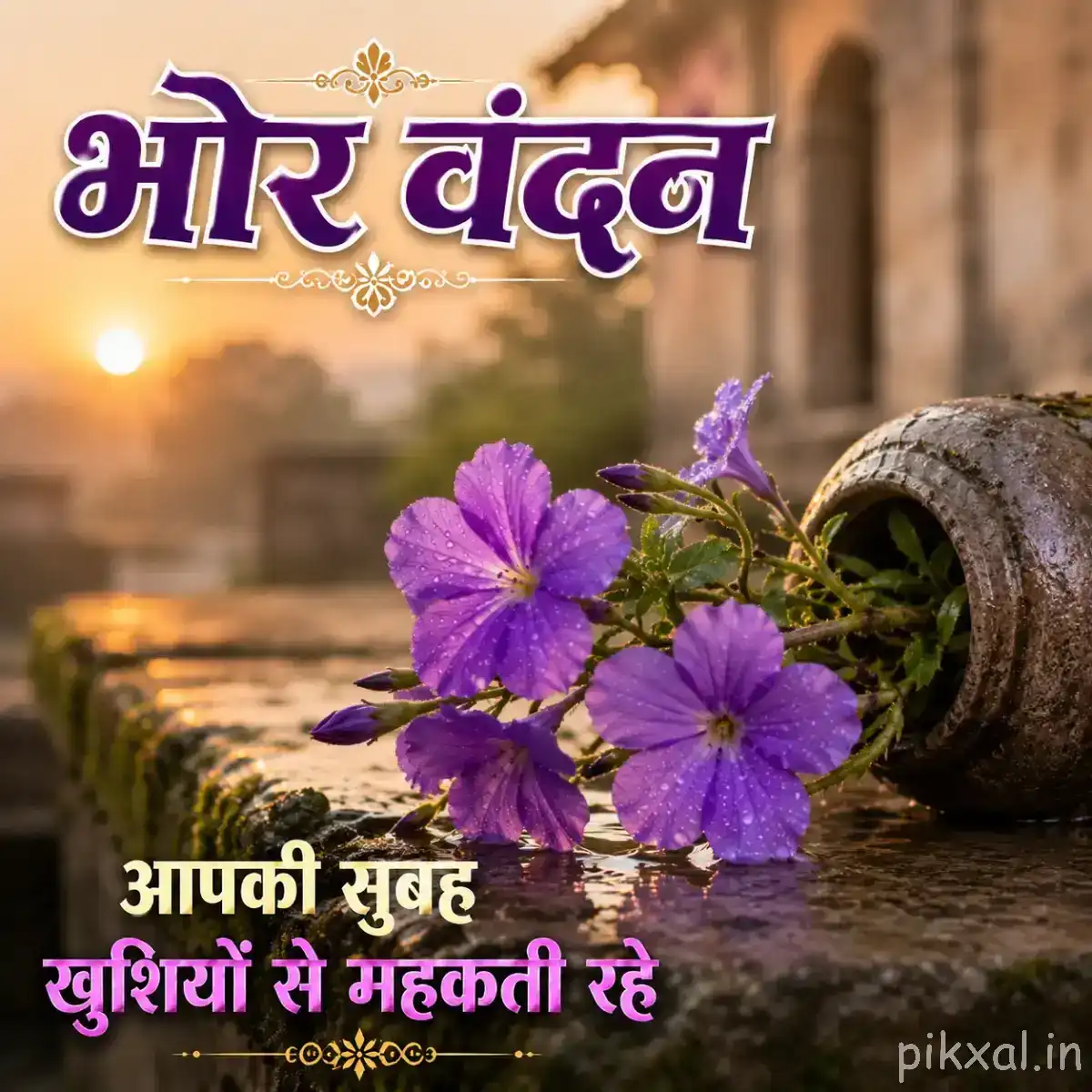 Small group of purple flowers with open petals beside a rolled wooden object and warm sunlight