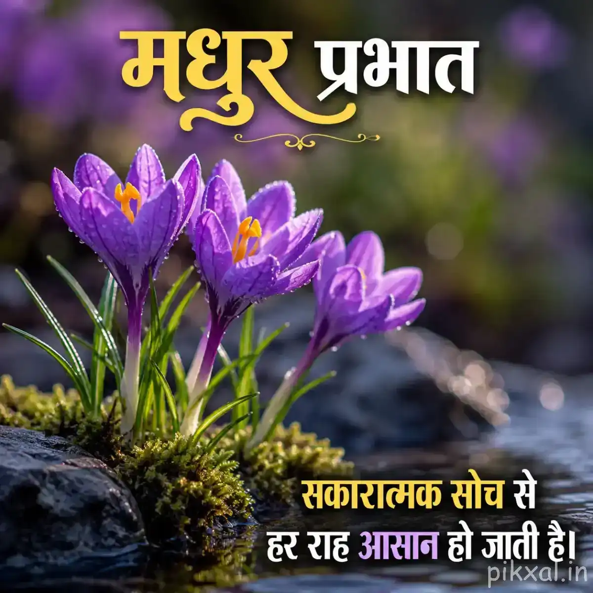 Several purple flowers growing from mossy ground beside rocks with a softly blurred waterfall