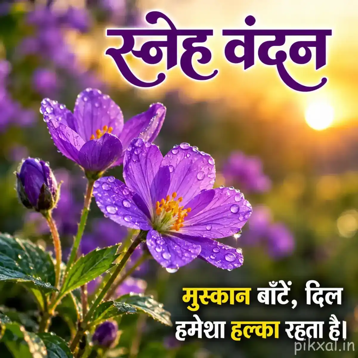 Purple flowers with open petals and unopened buds growing from green foliage against warm sunlight