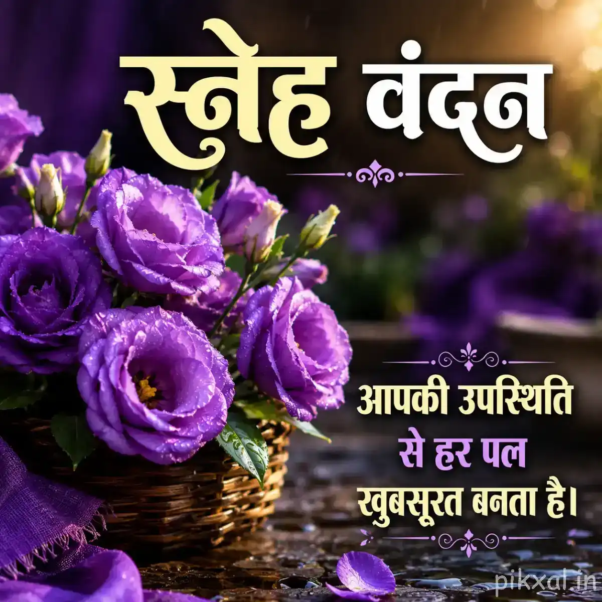 Dense group of deep purple flowers arranged in a small basket with green leaves