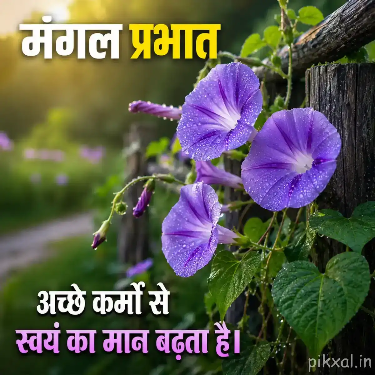 Several pale purple flowers growing along a leafy branch with a blurred garden background