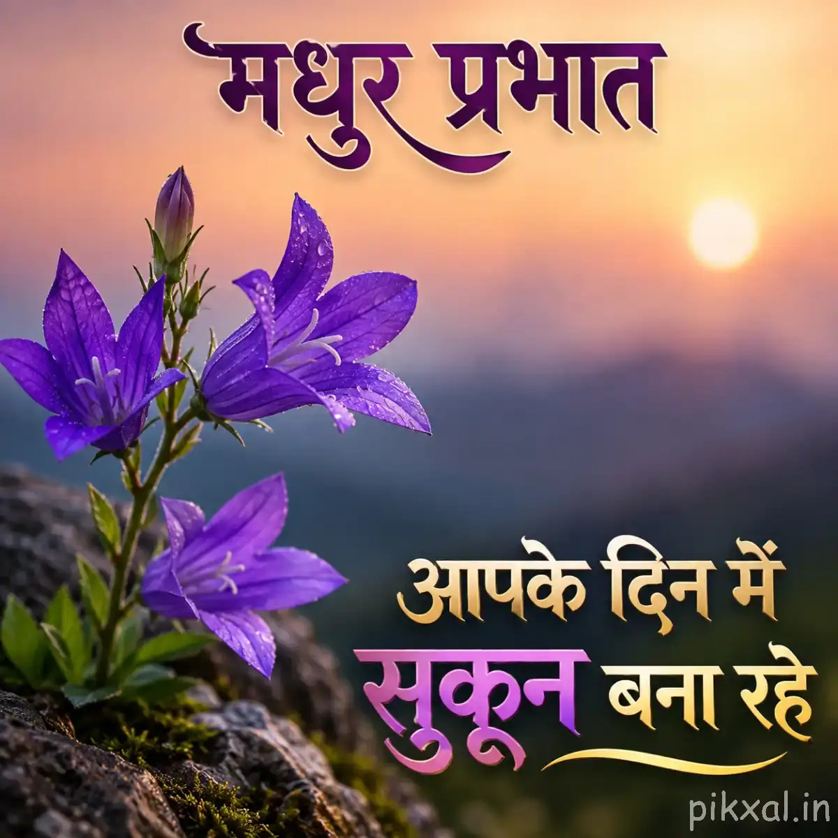 Several purple flowers on slender leafy stems against a softly blurred mountain sunrise