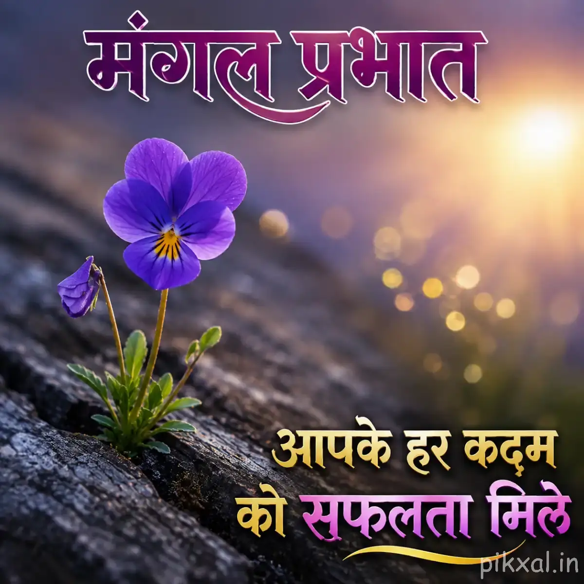 Single purple flower with a yellow center growing from mossy ground in warm morning light