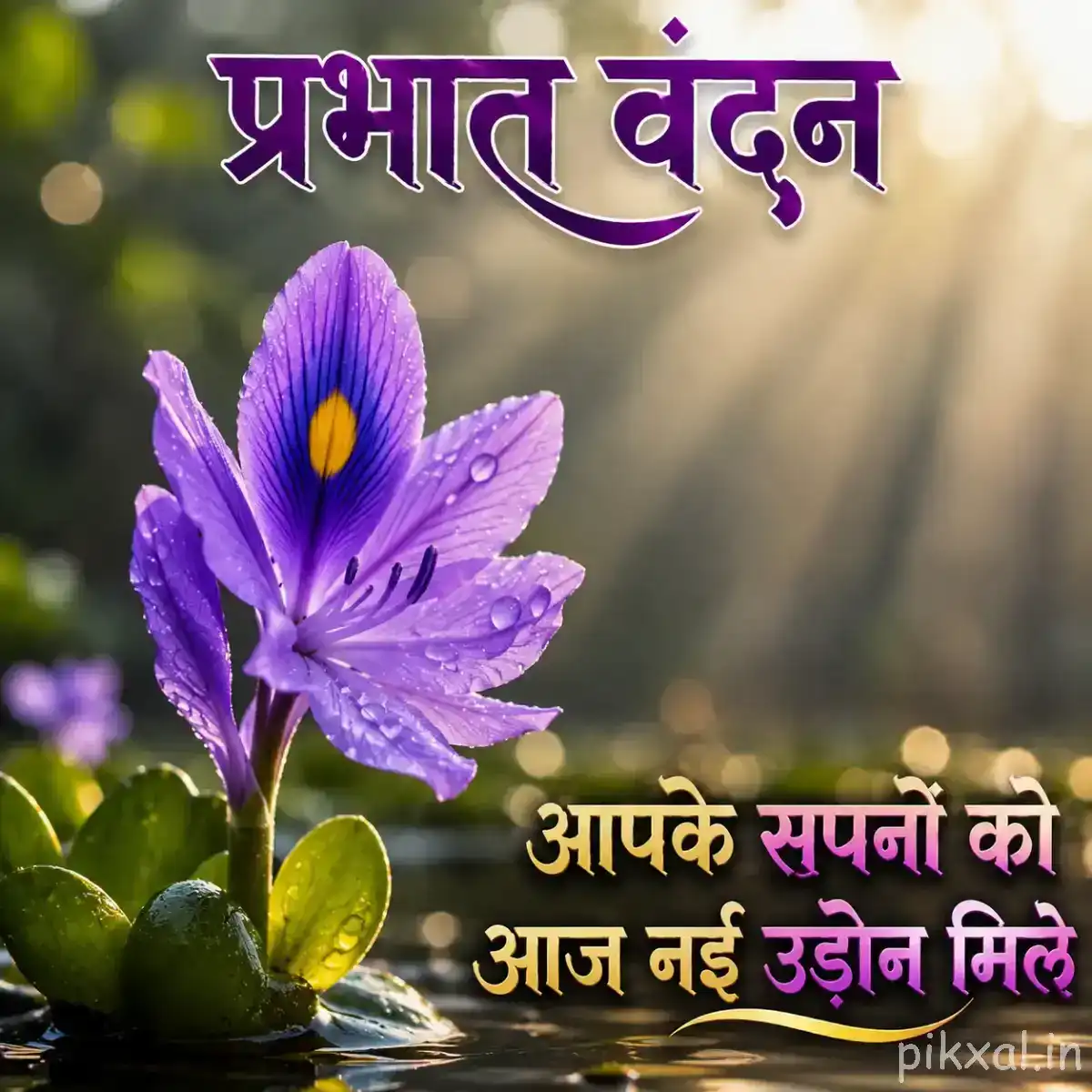 Single purple flower with wide-open petals and green leaves against softly blurred greenery