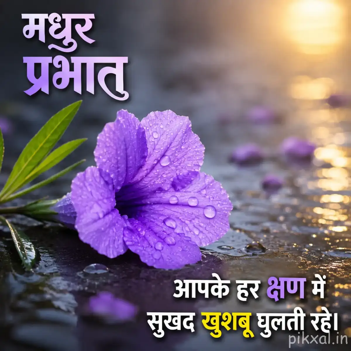 Single purple flower with broad petals and visible water droplets beside a wet reflective surface