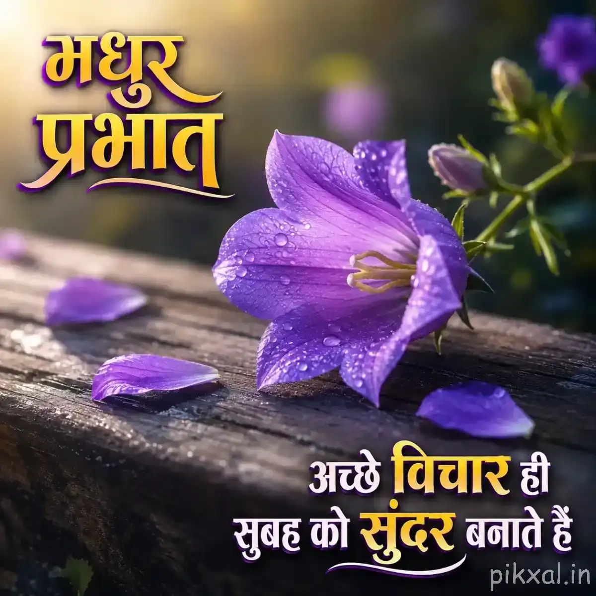 Purple flower with open petals resting on a wooden surface beside scattered fallen petals