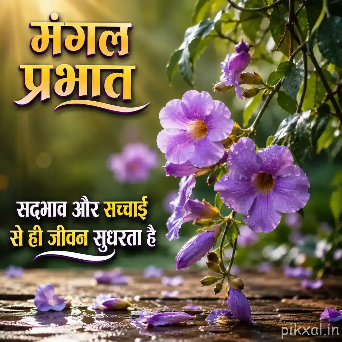 Purple flowering branch with several open flowers and green leaves beside a rustic garden surface