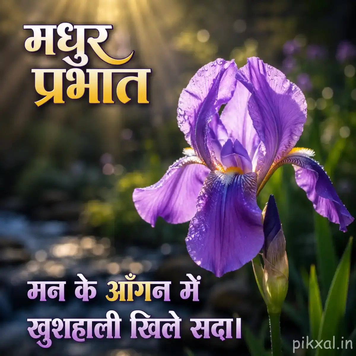 Single purple flower with overlapping petals and an unopened bud against softly blurred foliage