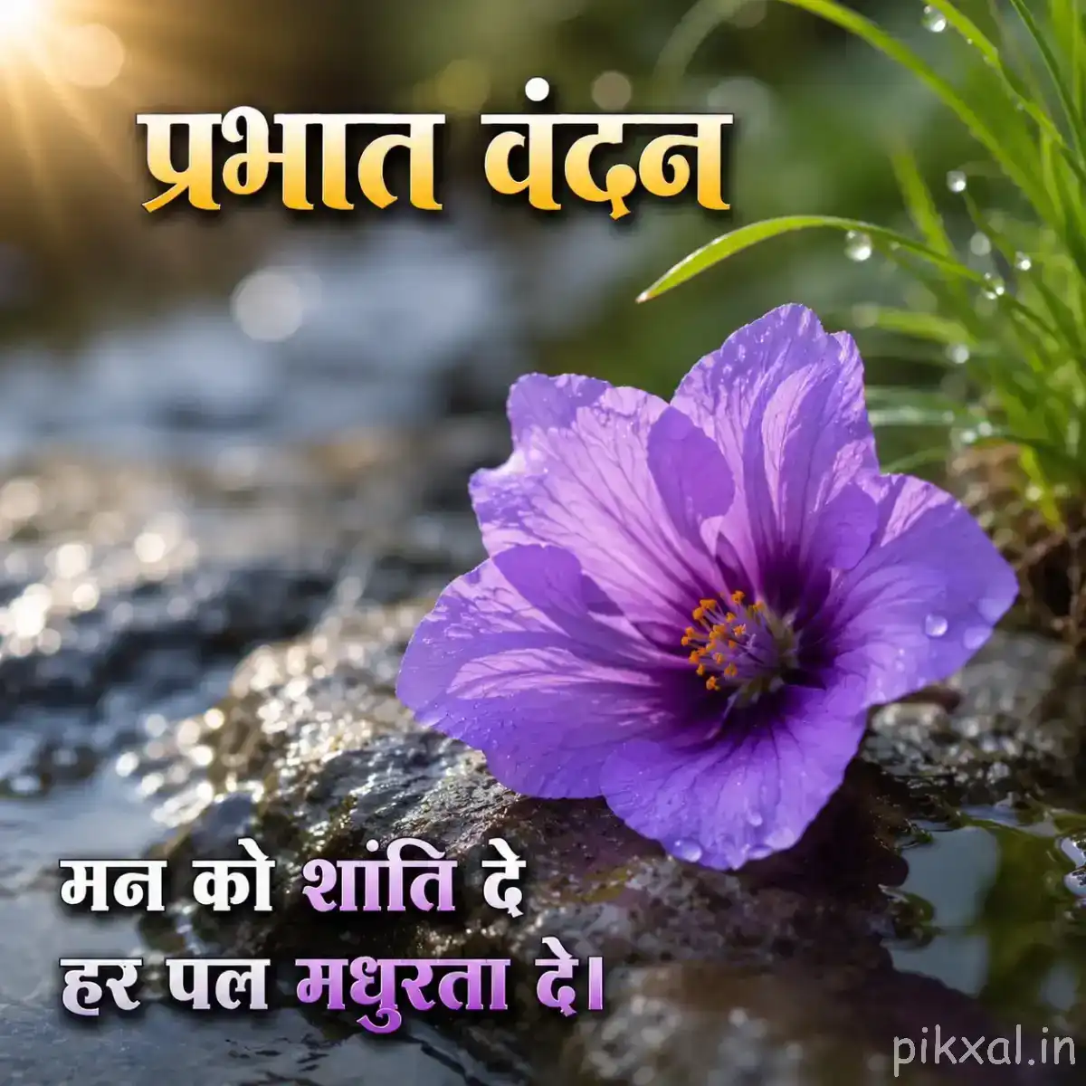 Single purple flower with broad petals and green leaves beside wet stones and flowing water