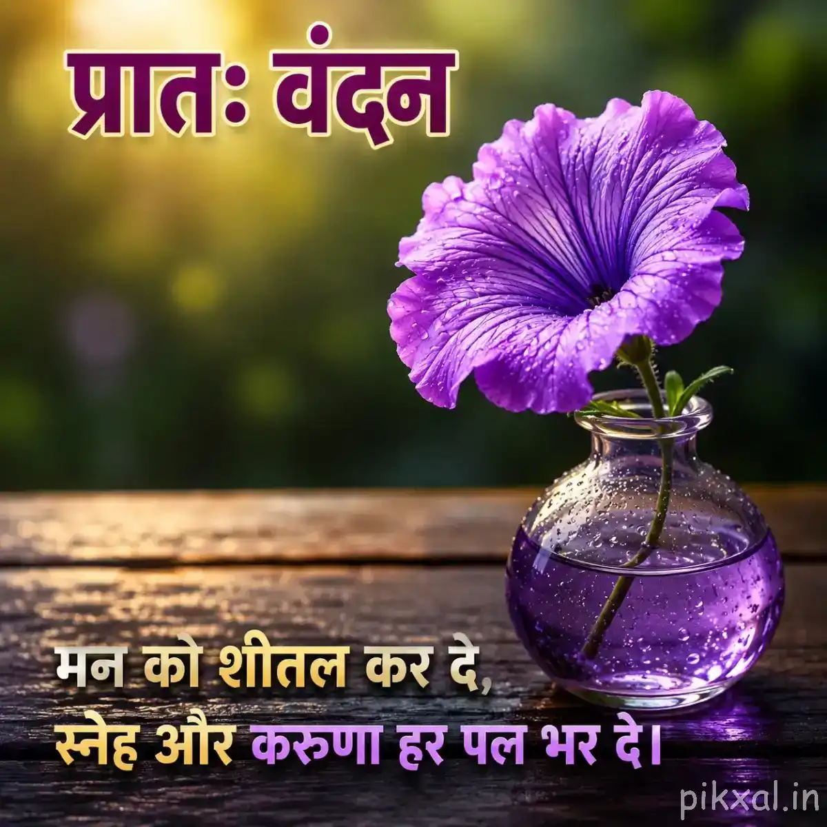 Single ruffled purple flower displayed in a small glass vase beside a wooden surface