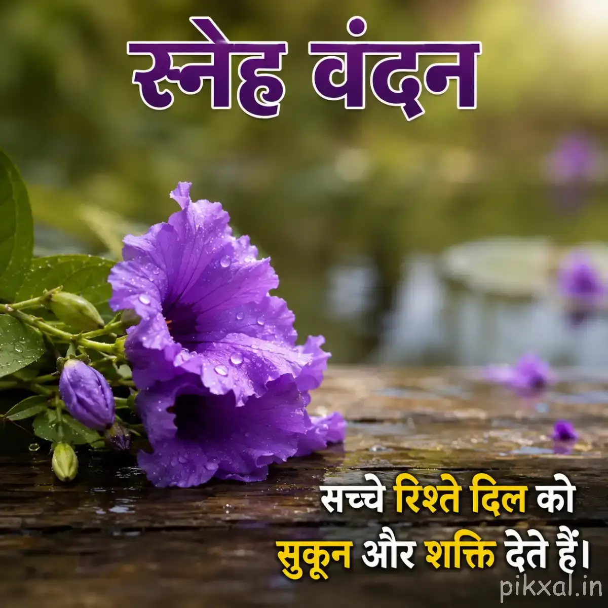 Single purple flower with ruffled petals and green leaves resting on a dark stone surface