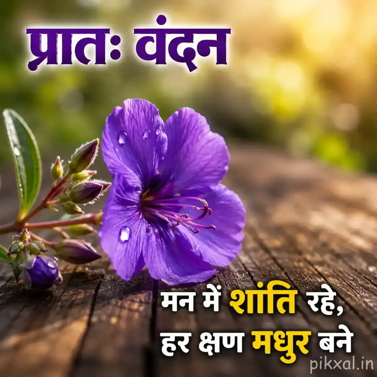 Single purple flower with broad petals and a dark center resting beside a wooden surface