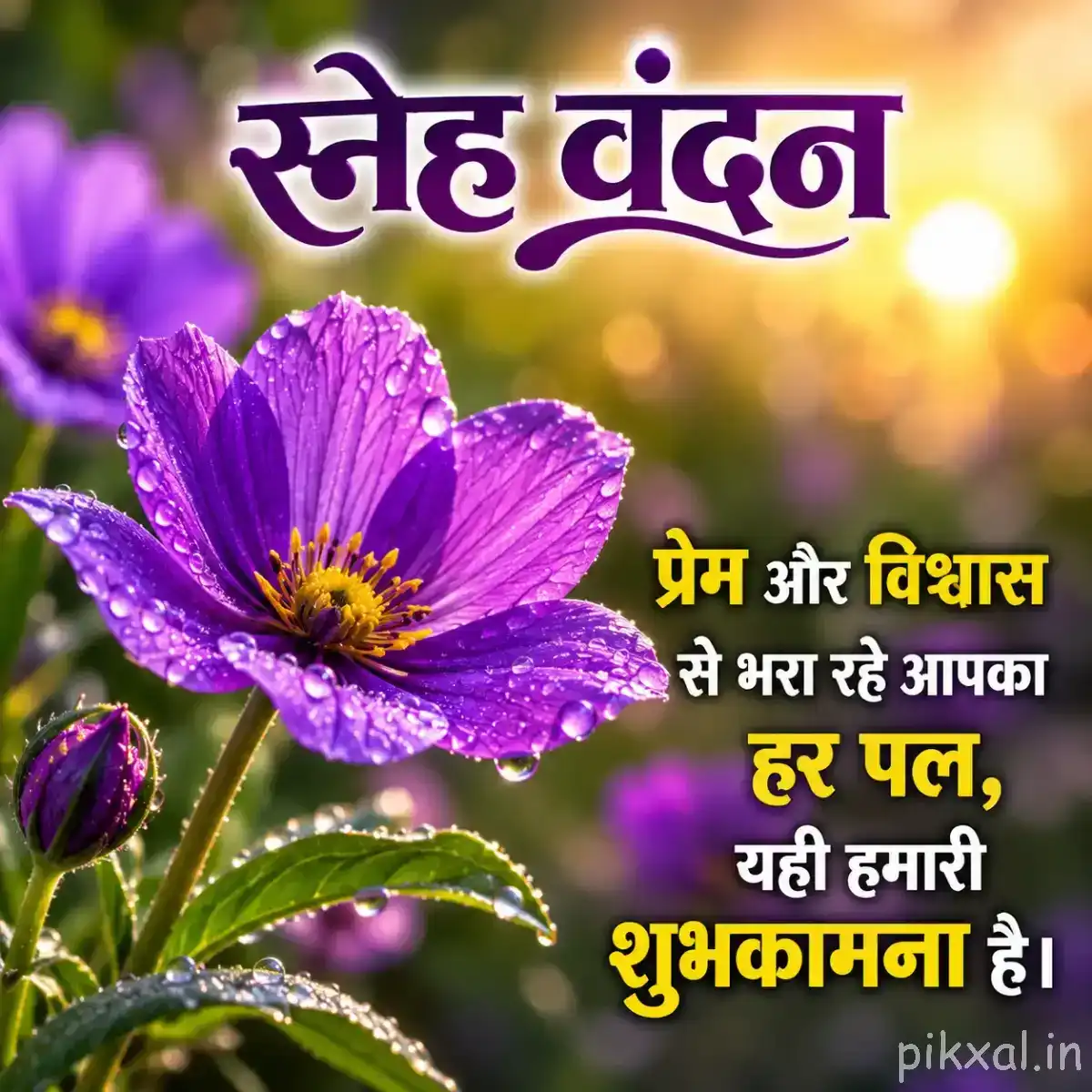 Several purple flowers with open petals and yellow centers on leafy stems in warm sunlight