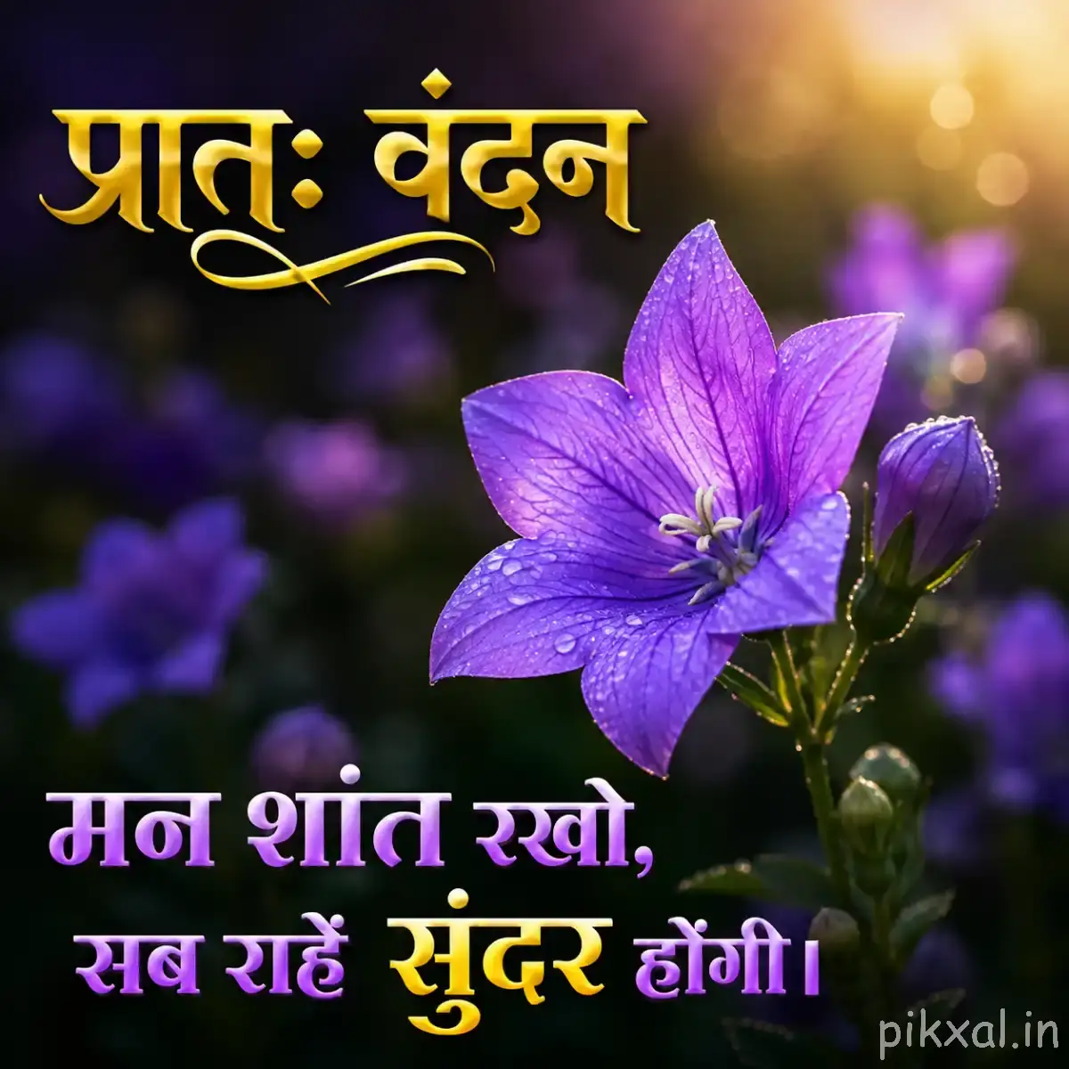 Purple flower with broad open petals and slender stems against blurred greenery