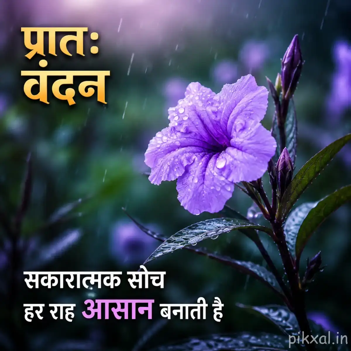 Purple flower with buds and leaves in rain with morning quotes