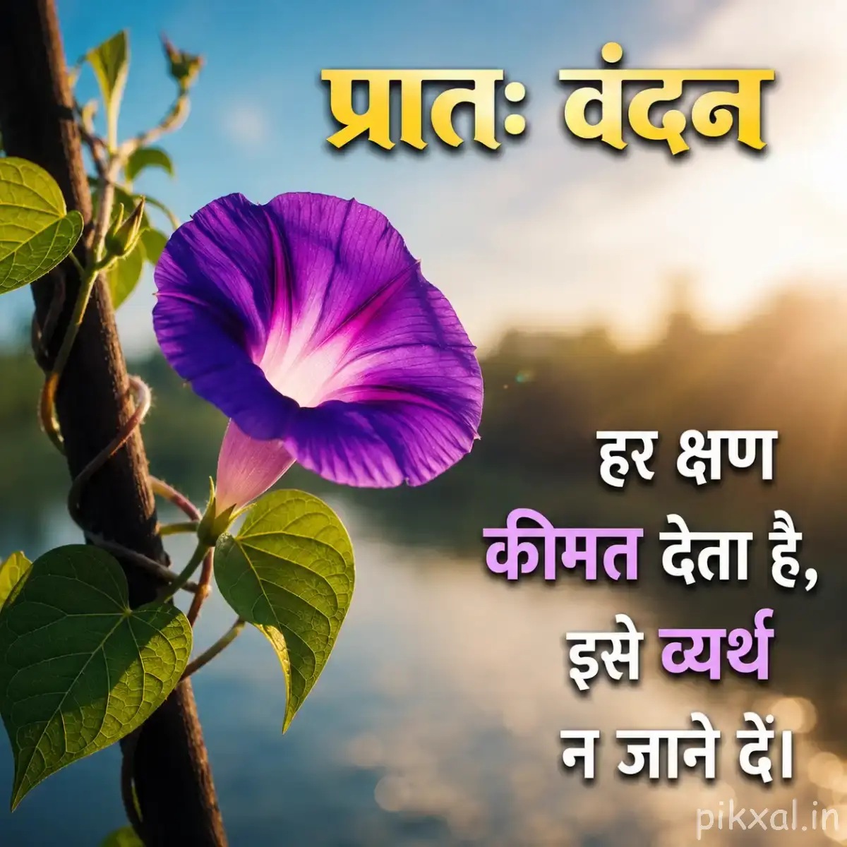 Single deep purple flower with curved petals hanging from a leafy stem against warm sunlight