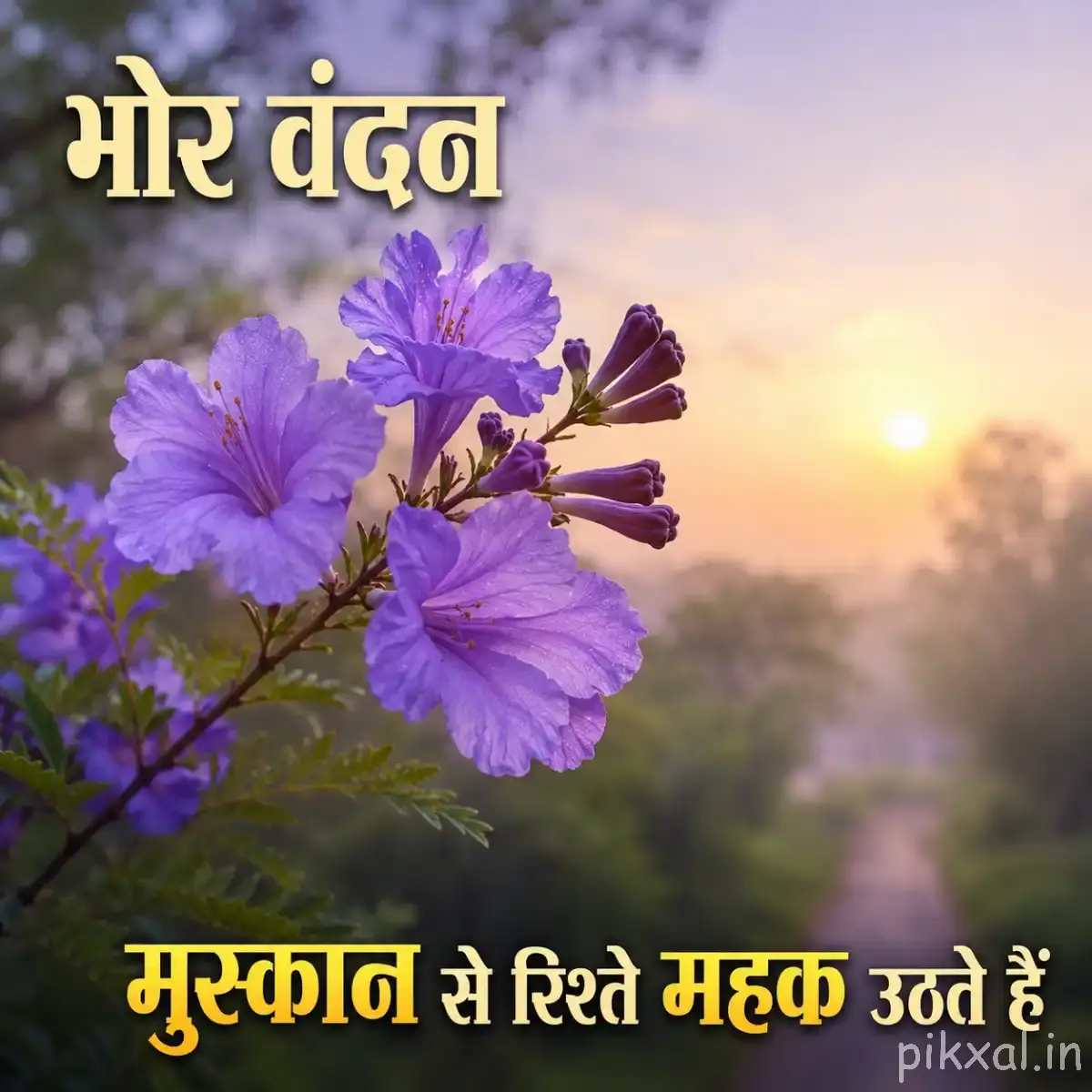 Several pale purple flowers clustered on slender stems against a warm sunrise background