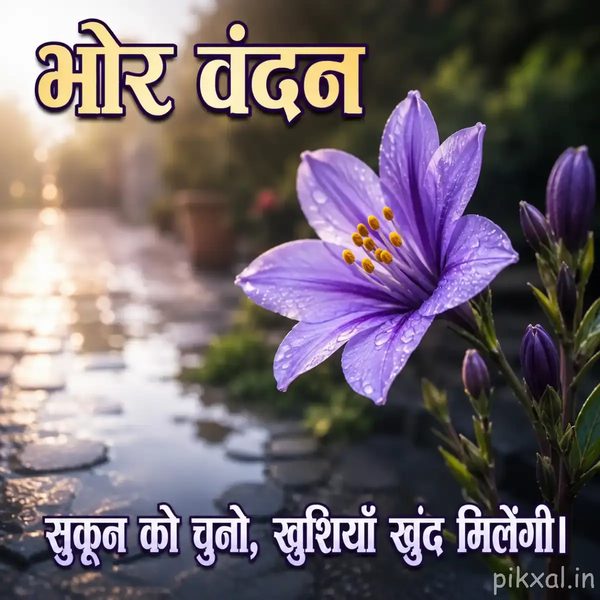 Purple flower with open petals and green leaves beside rippling water in soft morning light