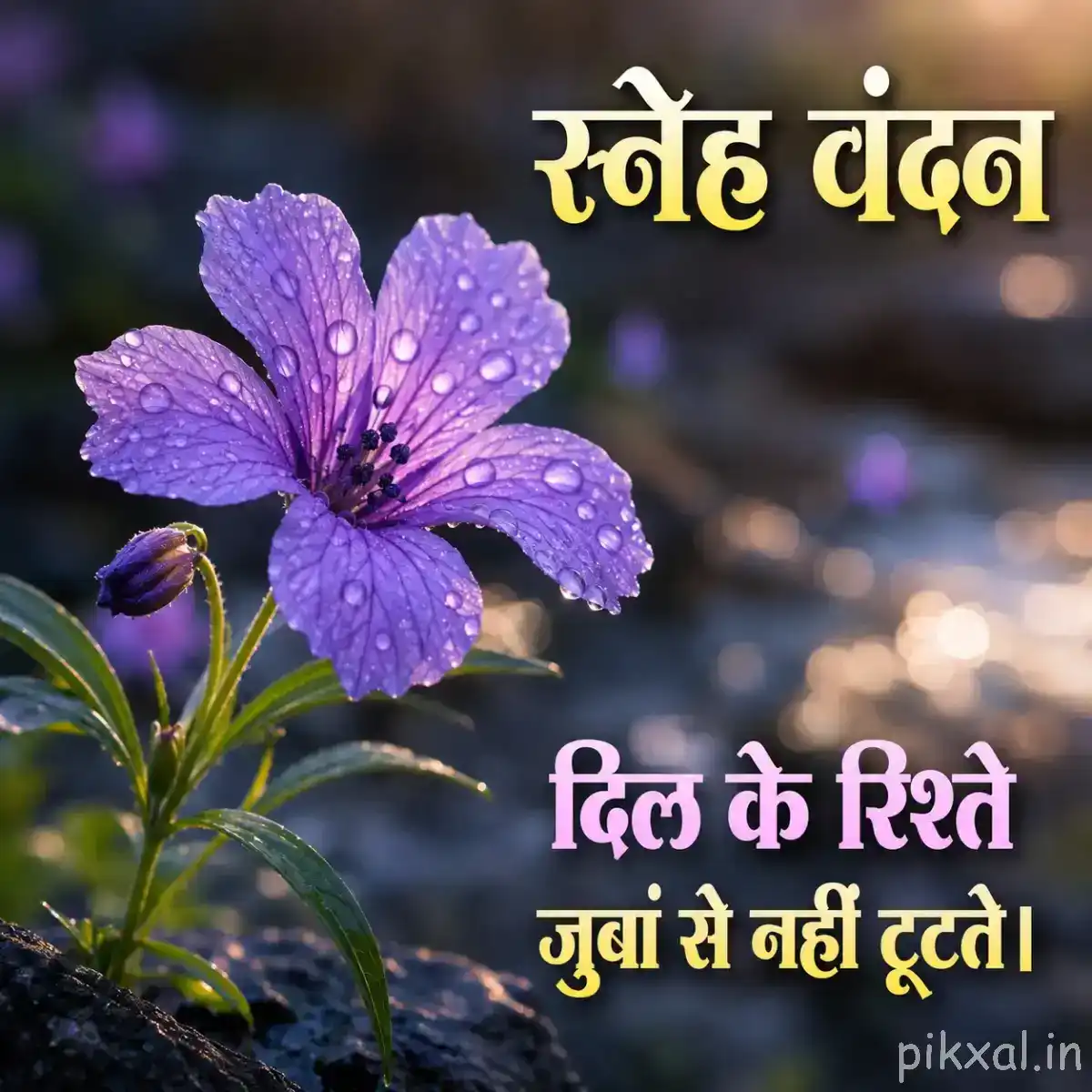 Purple flower with visible water droplets on its petals beside a blurred garden background