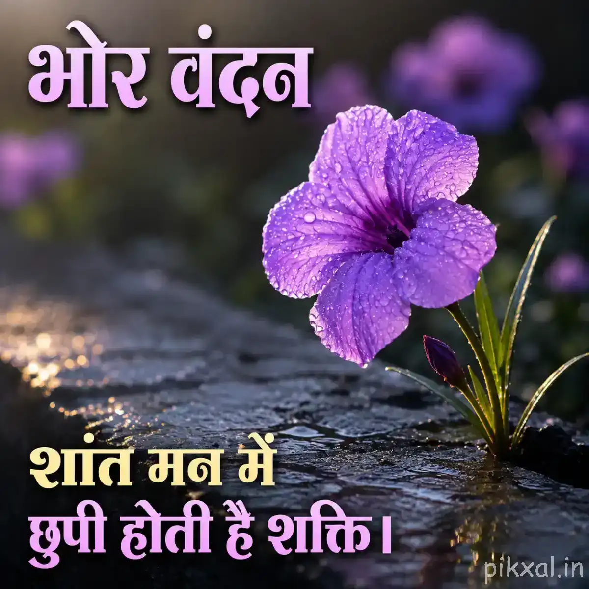 Single purple flower with broad petals and a dark center growing on a wet stone surface