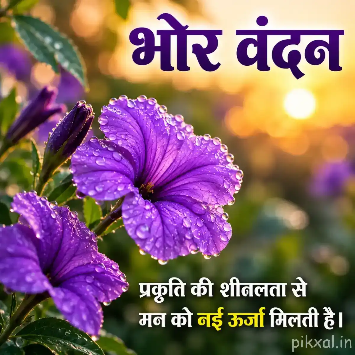 Several purple flowers with broad ruffled petals and green leaves in warm morning sunlight