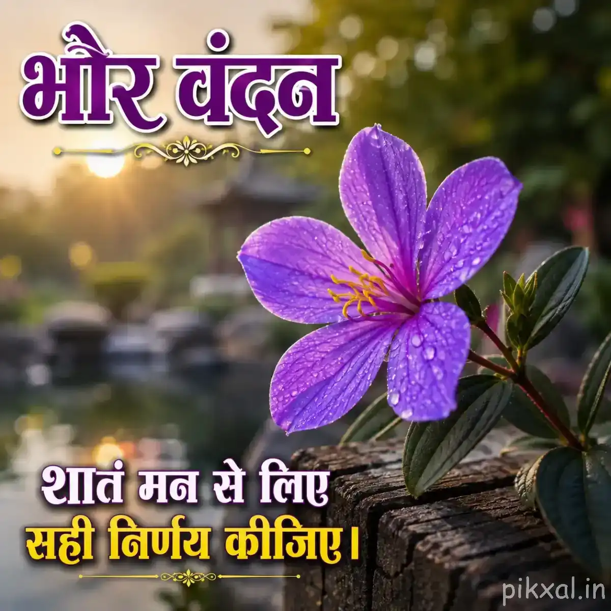 Single purple flower with broad open petals and a yellow center against softly blurred greenery