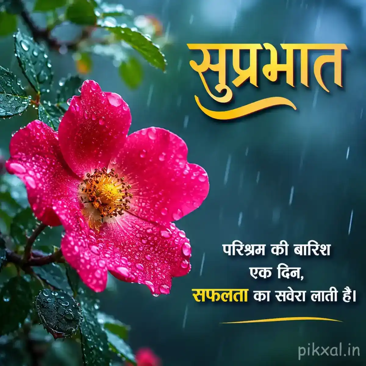 Rainy Good Morning Images featuring a single bright pink flower covered with raindrops, green leaves and a blurred rainy garden background