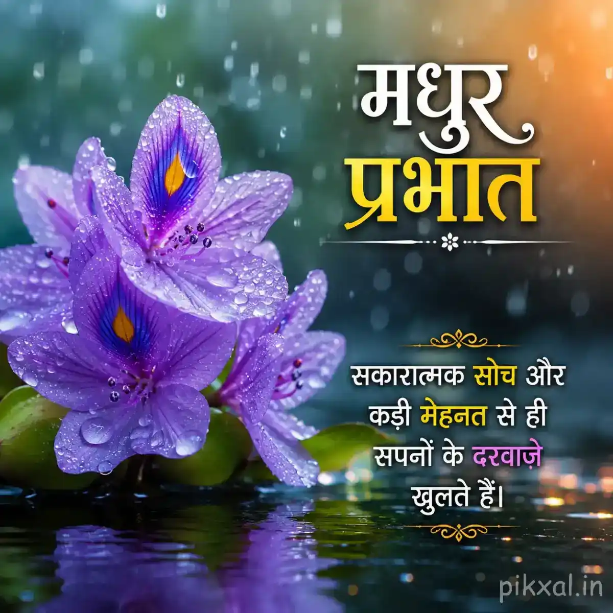 some purple iris flowers with yellow centers, green leaves and raindrops against a rainy garden background with a मधुर प्रभात quote