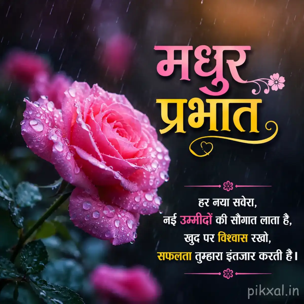 Single pink rose with green leaves and raindrops against a dark rainy garden background with a मधुर प्रभात quote