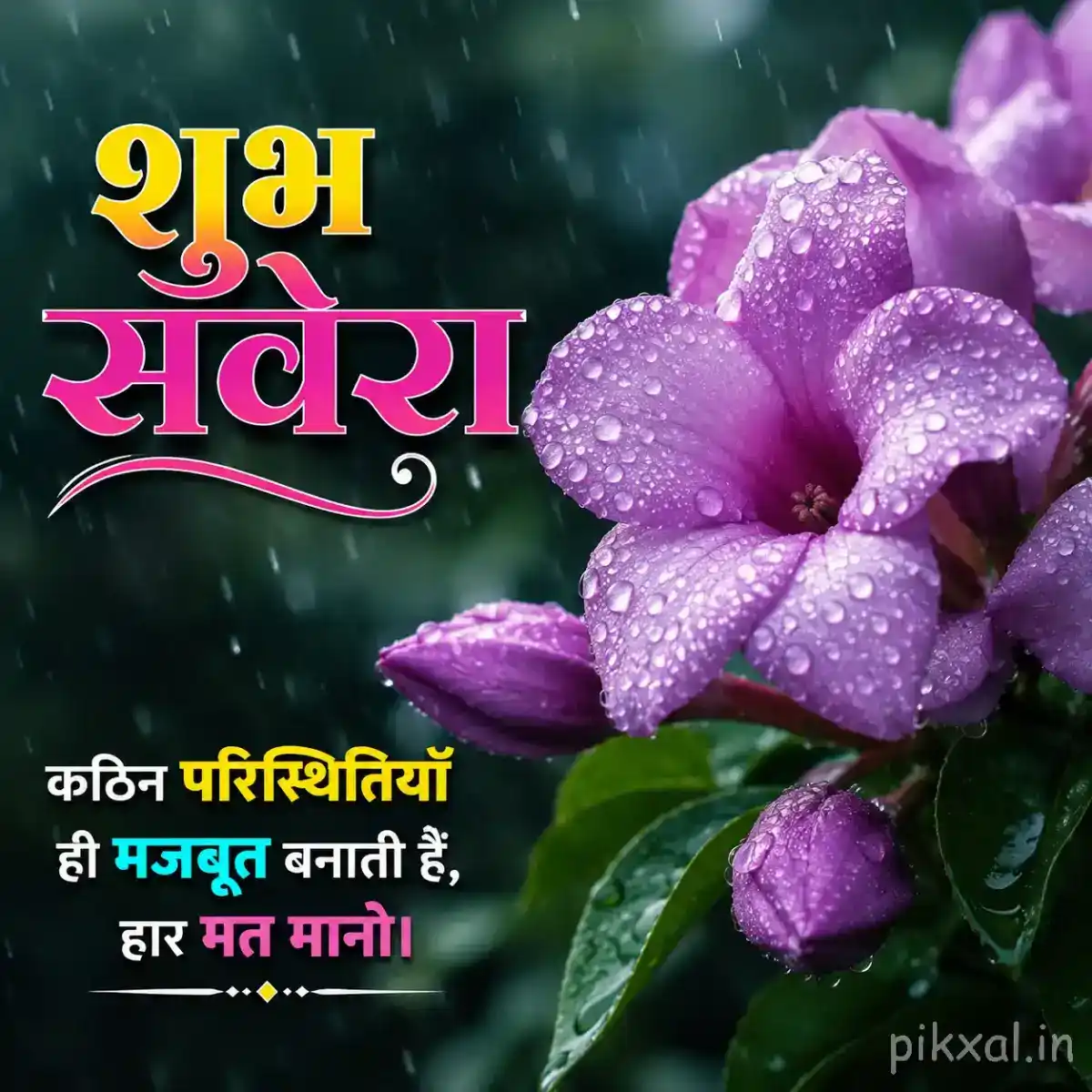 some purple five-petaled flowers with green leaves and raindrops against a blurred rainy garden background with a शुभ सवेरा quote
