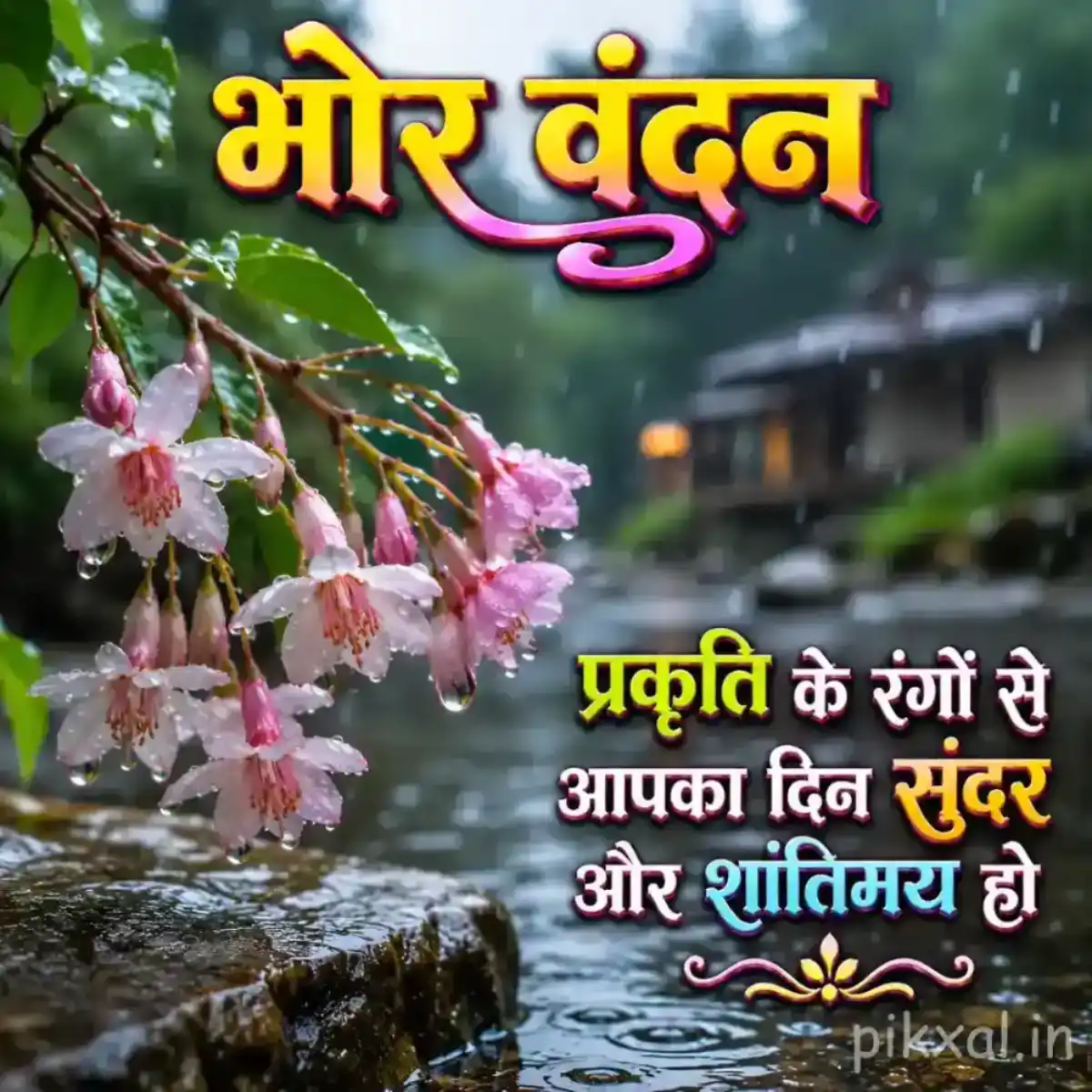 Cluster of small pale pink flowers with green leaves and raindrops beside a wet garden path with a भोर वंदन quote
