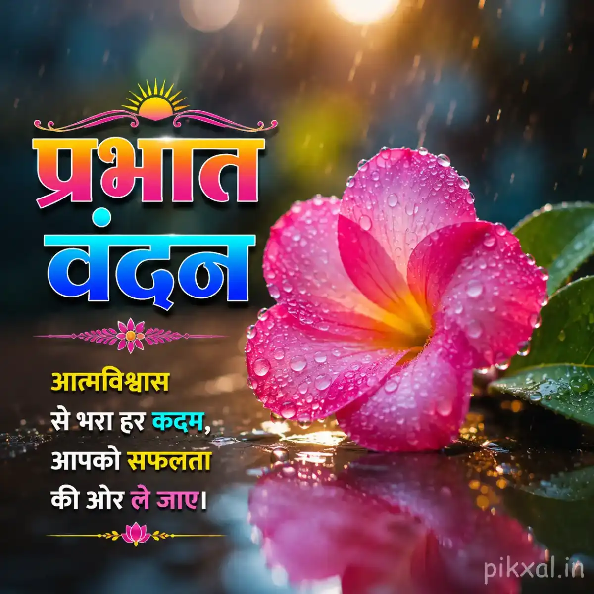 Single pink plumeria flower with a yellow center, green leaves and raindrops beside a rainy pond with a प्रभात वंदन quote