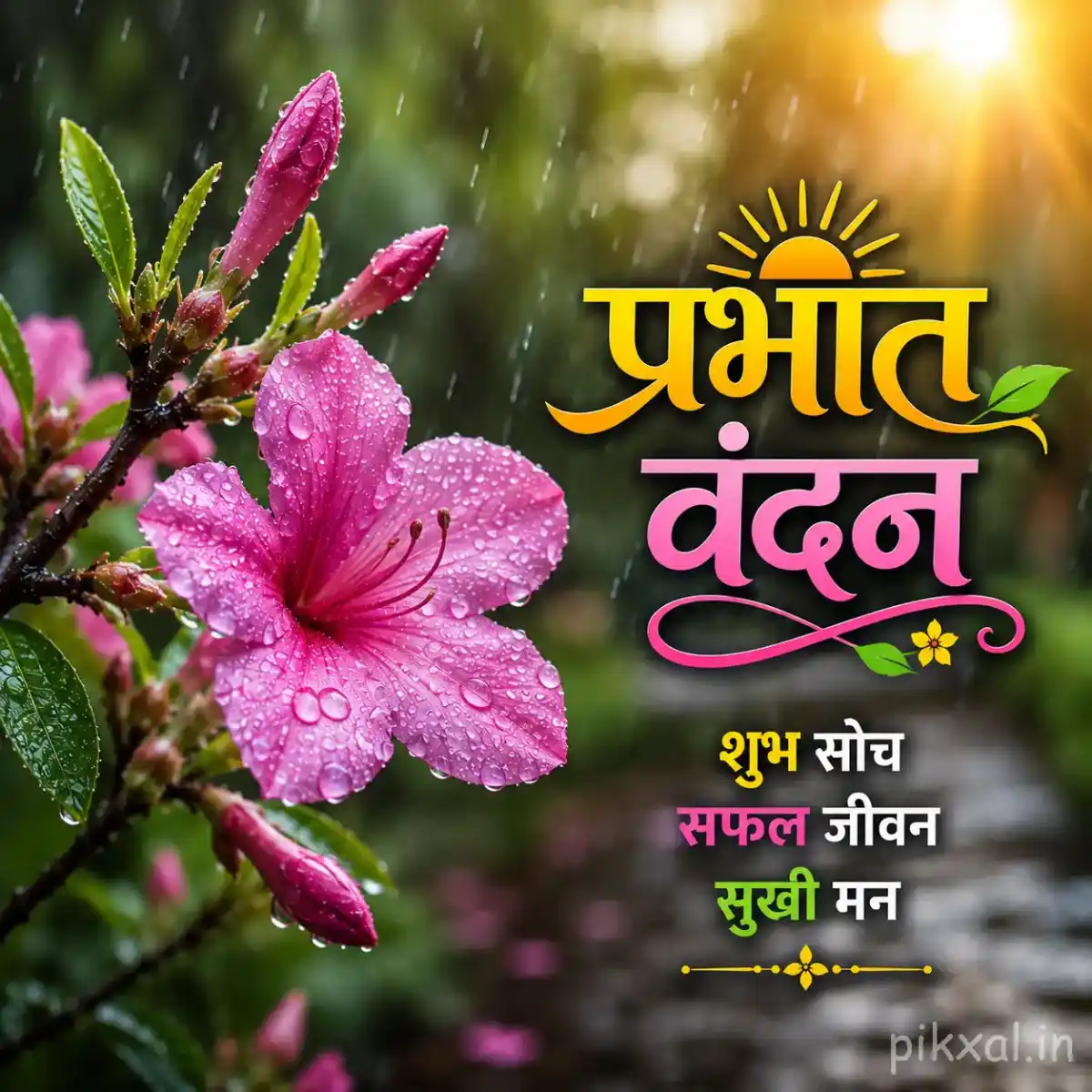 Cluster of pink plumeria flowers with green leaves and raindrops against a rainy garden background with a प्रभात वंदन quote