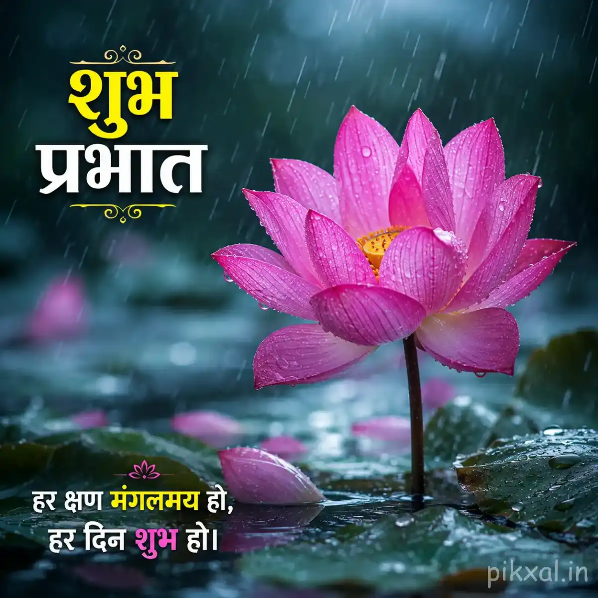 Single pink lotus flower with green lily pads and raindrops floating on a rainy pond with a शुभ प्रभात quote