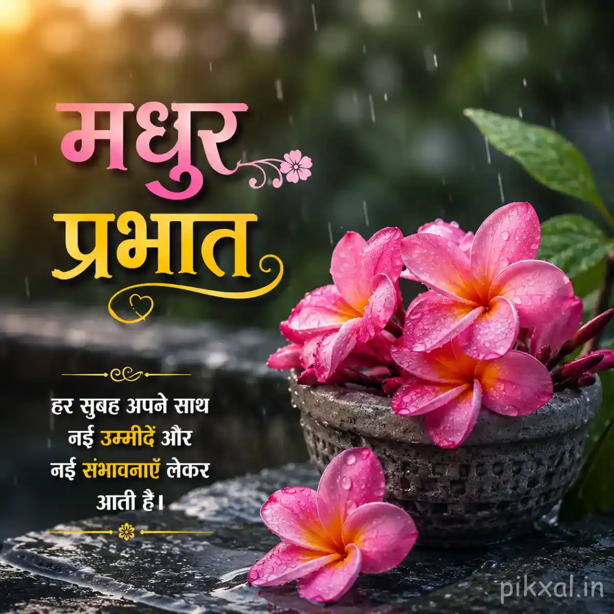 Cluster of pink plumeria flowers with green leaves and raindrops arranged beside a wet garden path with a मधुर प्रभात quote