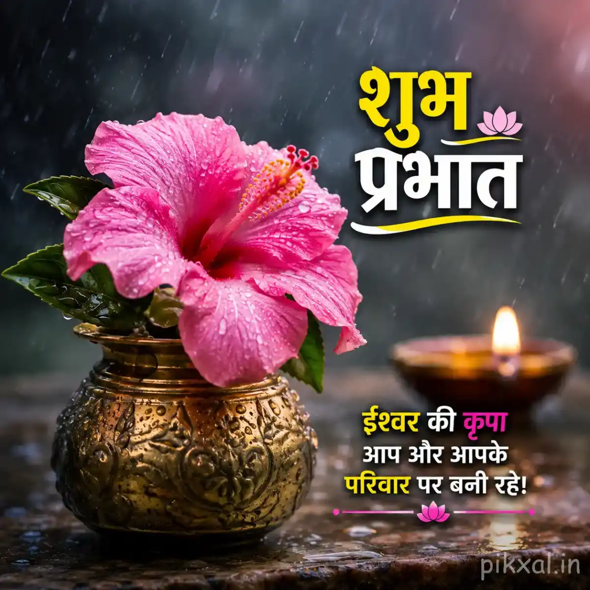 Single bright pink hibiscus flower with green leaves and raindrops in a decorative vase beside a brass lamp