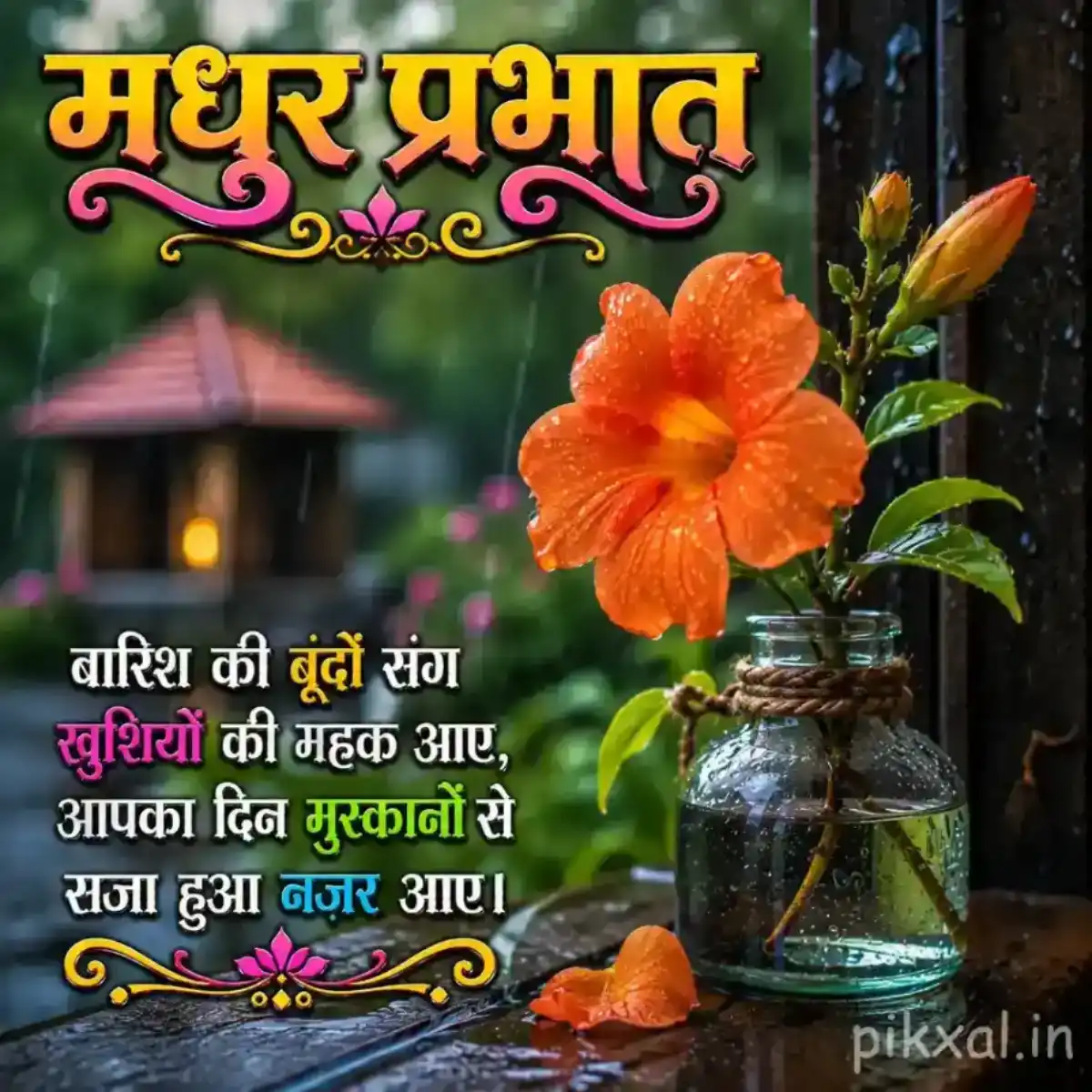 Single orange flower with green leaves and raindrops in a glass vase beside a rainy garden with a मधुर प्रभात quote