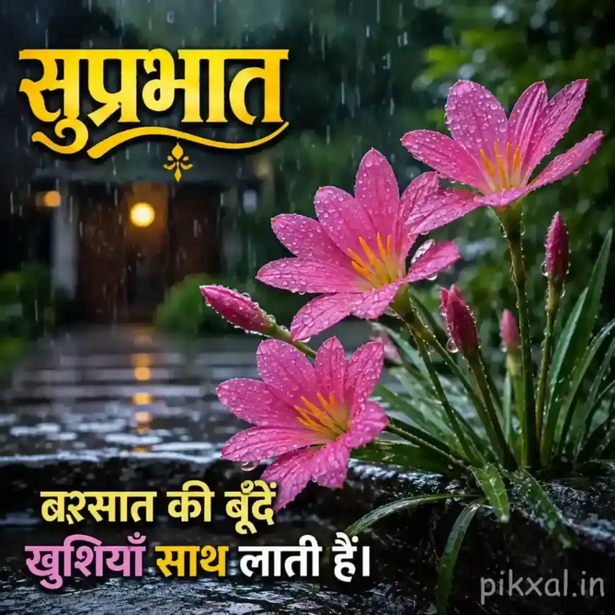 Cluster of pink daisy-like flowers with green leaves and raindrops beside a wet garden path with a सुप्रभात quote